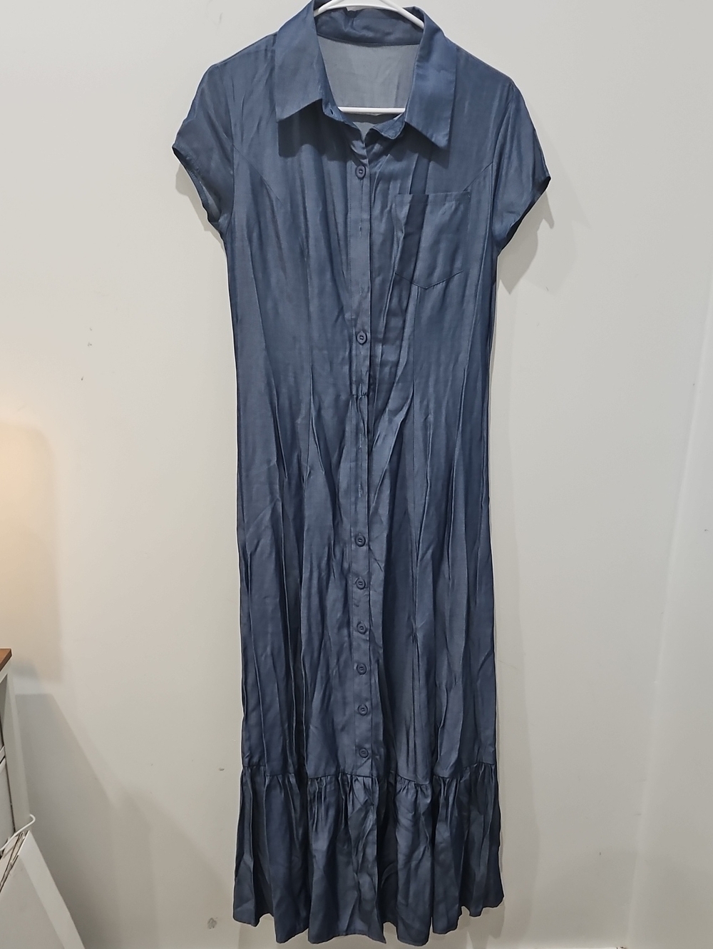 Blue Button-Front Maxi Dress - Classic Shirt Collar